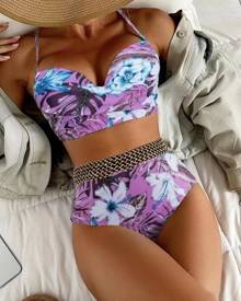 chicme Tropical Print Crisscross Summer Beach Bikini Set
