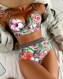 chicme Tropical Print Crisscross Summer Beach Bikini Set