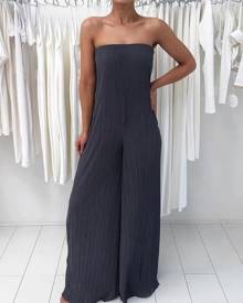 chicme Sexy Solid Pleated Strapless Wide Leg Jumpsuit