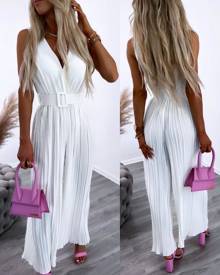 chicme V-Neck Wide Leg Pleated Jumpsuit