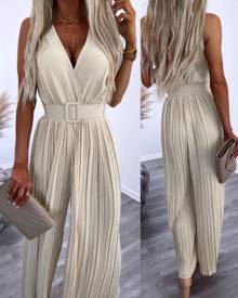 chicme V-Neck Wide Leg Pleated Jumpsuit