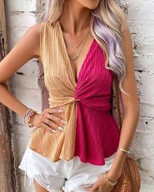 chicme Colorblock Sleeveless Twisted Ruched Textured Top