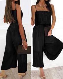 chicme Spaghetti Strap Ruffle Hem Pleated Wide Leg Jumpsuit