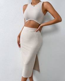 chicme Crop Knit Tank Top & Slit Skirt Set