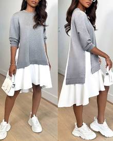 chicme Patchwork Colorblock Ruched Asymmetrical Sweatshirt Dress