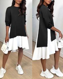 chicme Patchwork Colorblock Ruched Asymmetrical Sweatshirt Dress