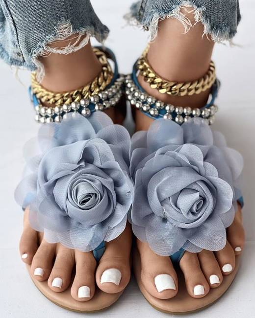 Mesh floral embellished beaded sale flat sandals