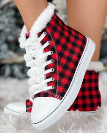 chicme Plaid Print Fuzzy Detail Lined Ankle Boots