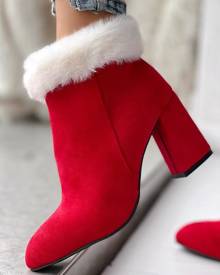 chicme Fuzzy Detail Chunky Heel Ankle Boots