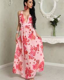 ivrose Floral Print Pleated Backless Slip Maxi Dress