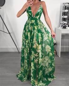 ivrose Floral Print Pleated Backless Slip Maxi Dress
