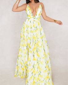 ivrose Floral Print Pleated Backless Slip Maxi Dress
