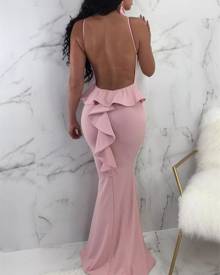solid ruffles backless fishtail maxi dress