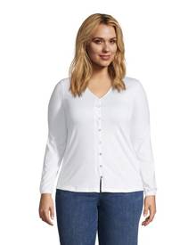 lands end Long Sleeve V-Neck Button Front Shirt, Women, Size: 20-22 Plus, White, Spandex, by Lands' End