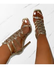 Faux Snake Print Ankle Spiral Open Square Toe Stiletto Sandals