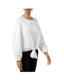 INC Womens Tie Front Embroidered Blouse