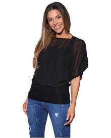 KRISP Womens Oversized Chiffon Blouse Mesh Top Batwing Twin Jersey Vest 2 In 1 Shirt - Black