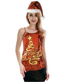 Boutique Retailer Women's Merry Christmas Tree Sequin Singlet Camisole Cami Top