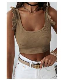 Azura Exchange Brown Ruffle Strap Ribbed Sleeveless Crop Top Women Clothing Crop Tops - Brown