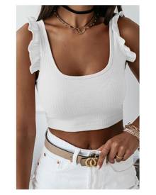 Azura Exchange White Ruffle Strap Ribbed Sleeveless Crop Top Women Clothing Crop Tops - White
