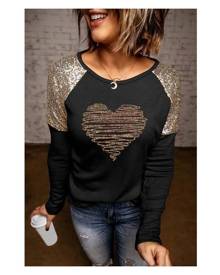 Azura Exchange Black Sequin Patchwork Heart Shaped Long Sleeve Top Women Clothing Graphic Tee - Black