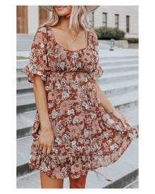 Azura Exchange Square Neck Puff Sleeve Floral Mini Dress Women Clothing Floral Dresses - Brown