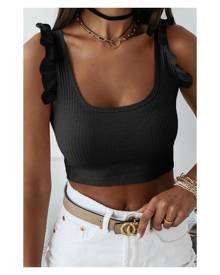 Azura Exchange Black Ruffle Strap Ribbed Sleeveless Crop Top Women Clothing Crop Tops - Black