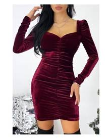 Azura Exchange Burgundy Puff Sleeve Ruched Velvet Dress Women Clothing Mini Dresses - Red