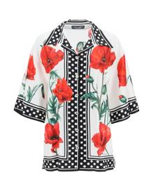 DOLCE & GABBANA SHORT-SLEEVED SILK SHIRT WITH POPPY AND POLKA DOT PRINT