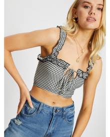 Gingham Tie Front Ruffle Crop Cami - Ally Fashion