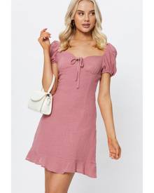 Linen Puff Sleeve A Line Mini Dress - Ally Fashion