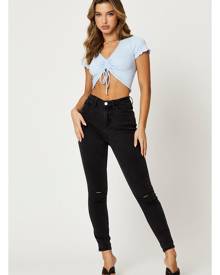 High Rise Washed Black Knee Slash Denim Jeans - Ally Fashion