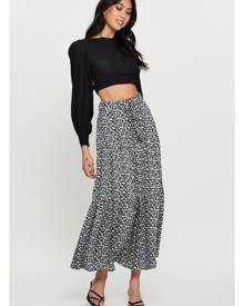 Floral Print Belted Tiered Midi Skater Skirt - Ally Fashion