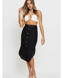 Linen Blend Belted Curve Hem Midi Skirt - Ally Fashion