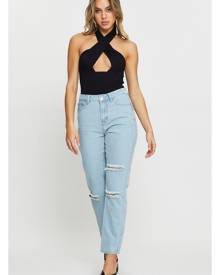 High Rise Recycle Denim Straight Ripped Jeans - Ally Fashion