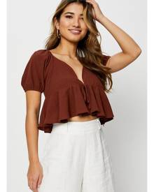 Short Sleeve Linen Look Back Lace Up Top - Ally Fashion