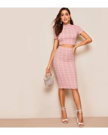 SHEIN Grid Print Mock-neck Crop Top & Bodycon Skirt Set