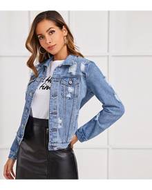 SHEIN Ripped Topstitching Denim Jacket