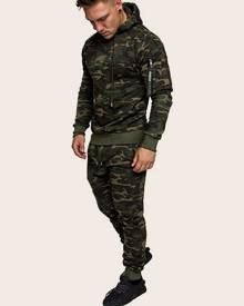 SHEIN Men Camouflage Print Zip & Drawstring Hoodie Tracksuit