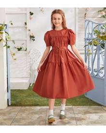 SHEIN Girls Puff Sleeve Buckle Belted Dress