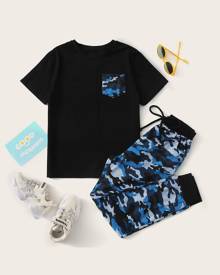 SHEIN Boys Pocket Patched Tee and Camo Jogger Pants Set