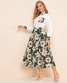 SHEIN Pocket Front Blouse & Floral Print Skirt Set