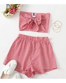 SHEIN Tie Front Gingham Crop Tube Top & Shorts Set