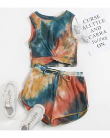 SHEIN Twist Front Rib-knit Tie Dye Top & Shorts Set