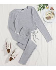 SHEIN Rib-knit Top & Knot Waist Leggings Set