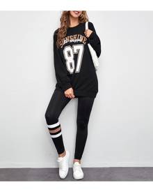 SHEIN Letter and Number Print Pullover and Striped Leggings Set