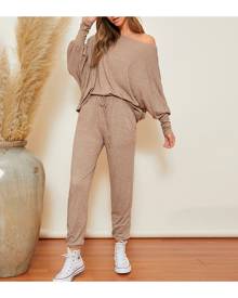 SHEIN Batwing Sleeve Solid Top & Knot Waist Pants Set