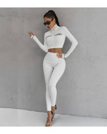 SHEIN Embroidered Letter Rib-Knit Top & Leggings Set