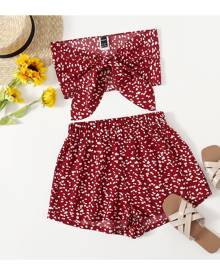 SHEIN Tie Front Allover Tube Top & Shorts Set