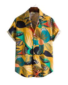 SHEIN Men All Over Plants Print Button Front Shirt